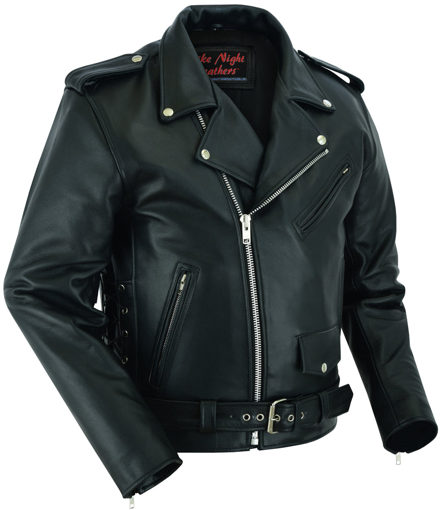 RC711 Economy Motorcycle Classic Biker Leather Jacket - Side Laces