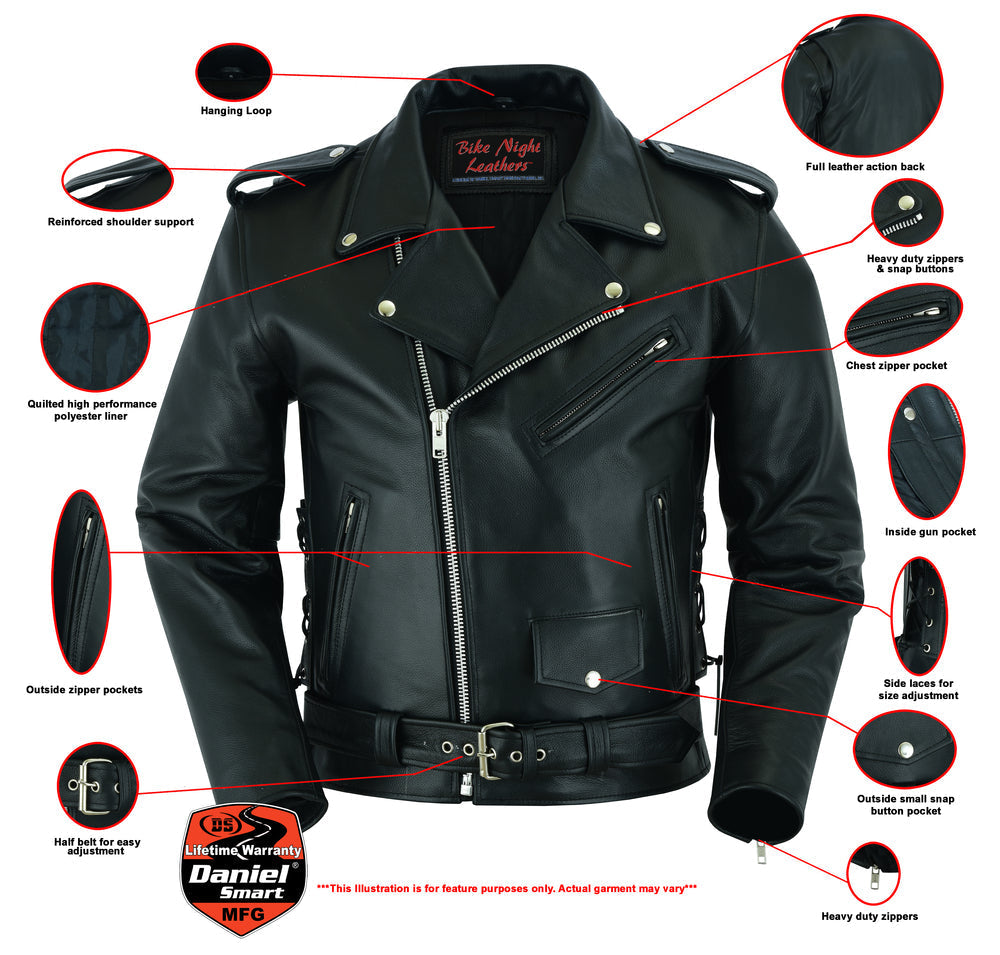 RC711 Economy Motorcycle Classic Biker Leather Jacket - Side Laces