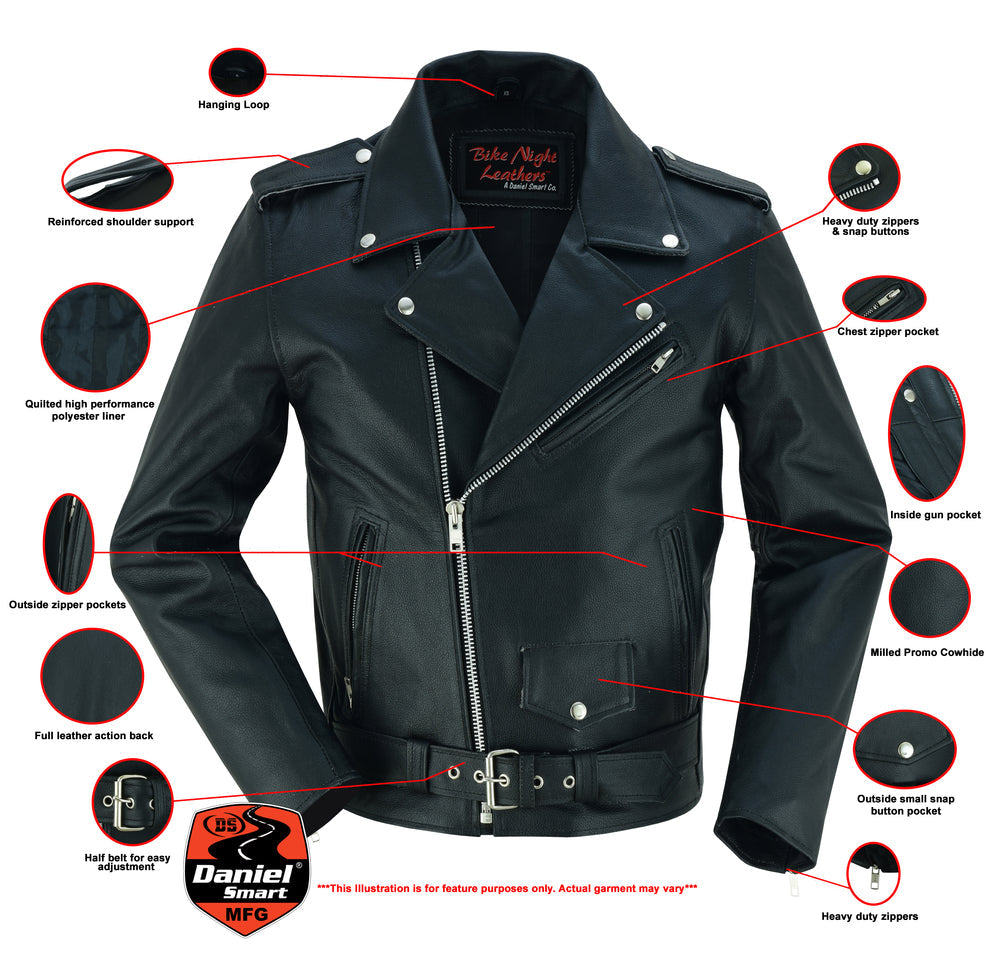 RC710 Economy Motorcycle Classic Biker Leather Jacket - Plain Sides