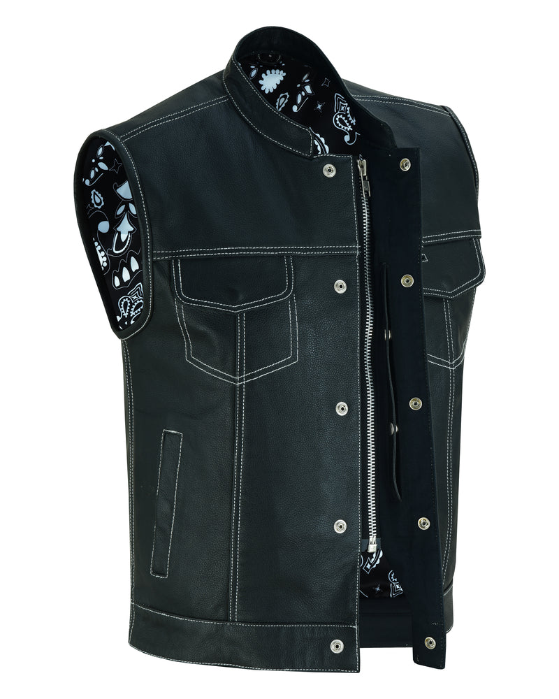 RC164 Men's Paisley Black Leather Motorcycle Vest with White Stitching