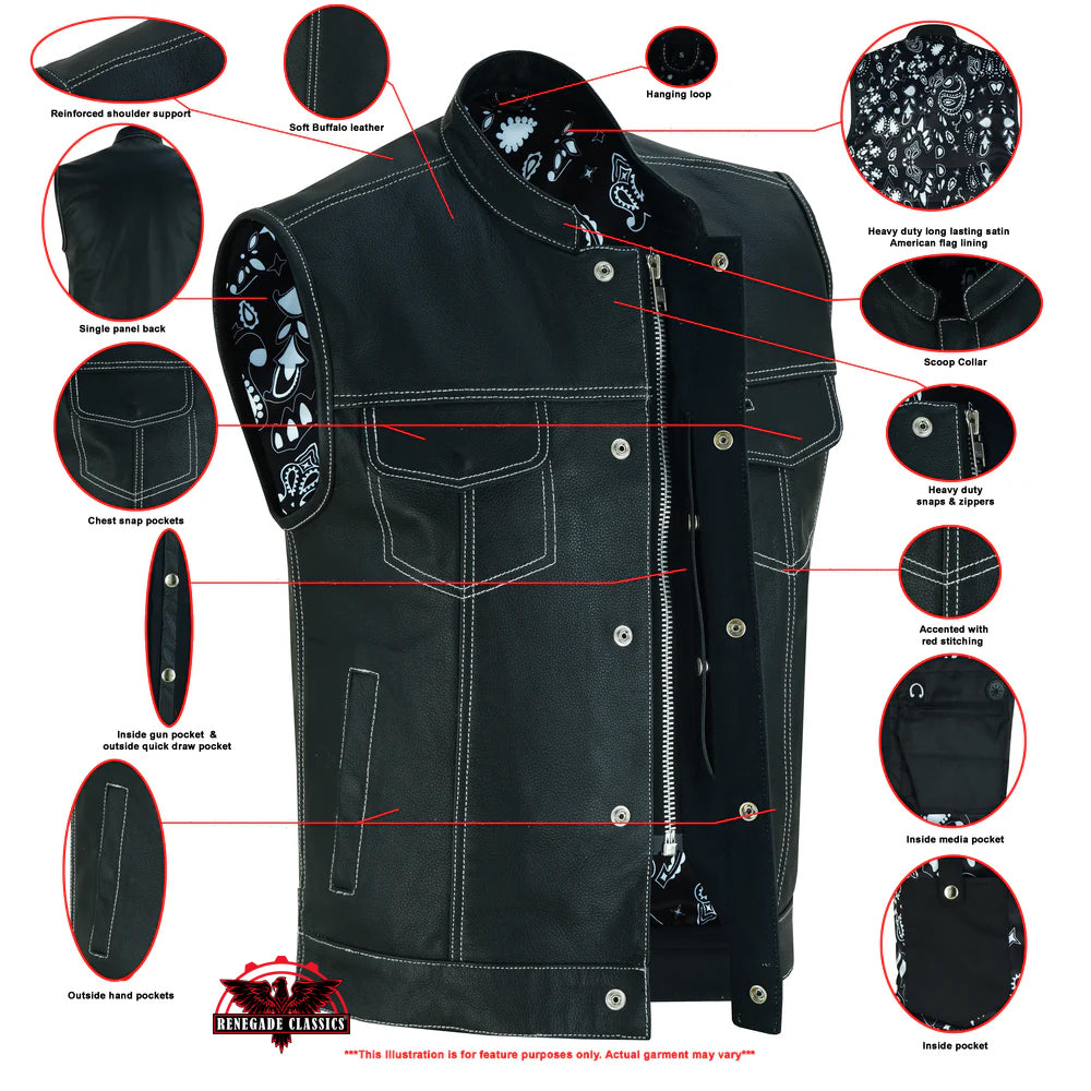 RC164 Men's Paisley Black Leather Motorcycle Vest with White Stitching