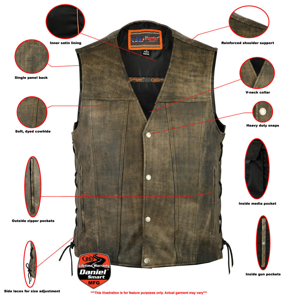 RC107 Men's Antique Brown Single Back Panel Concealed Carry Vest