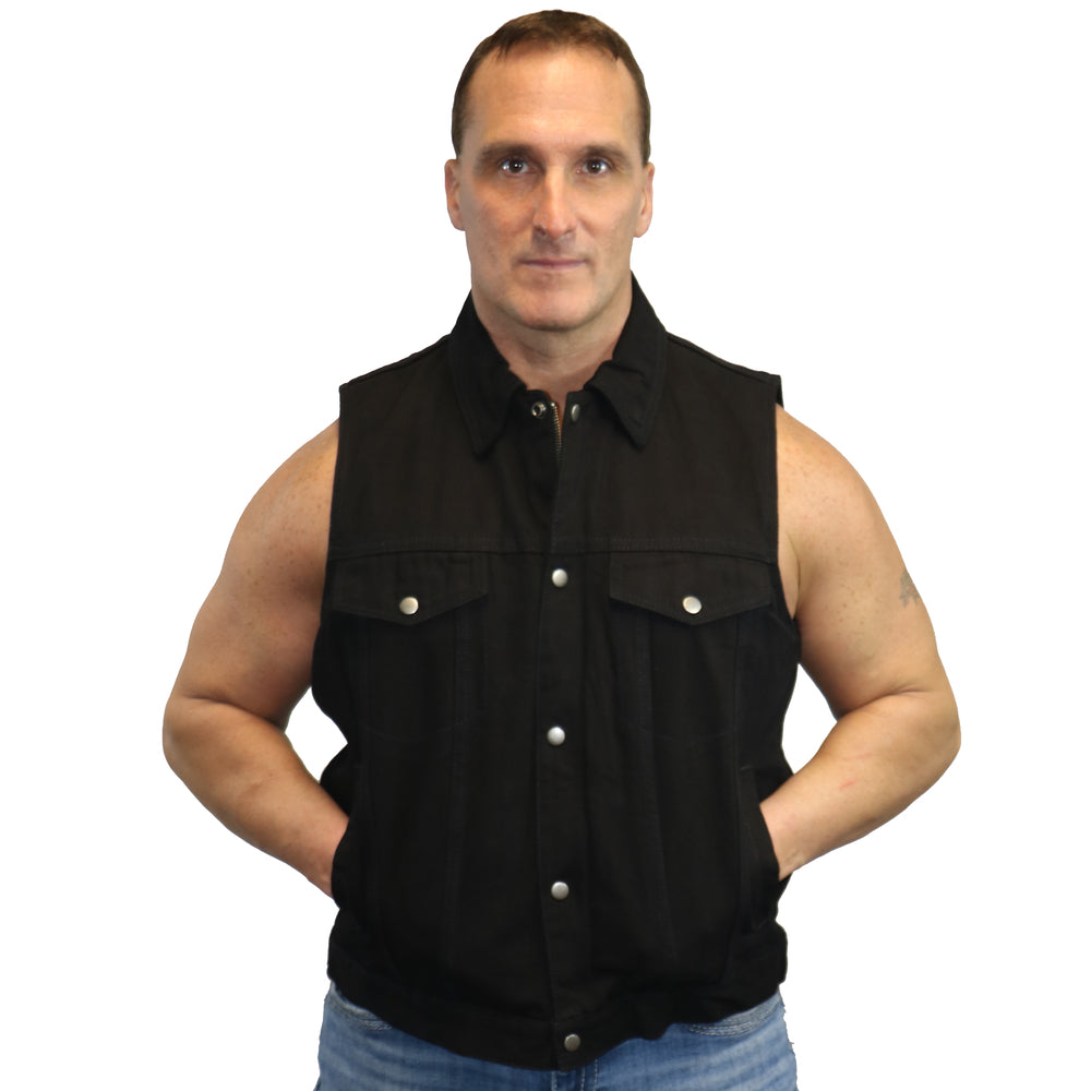 RM979BK Snap/Zipper Front Denim Vest- Black