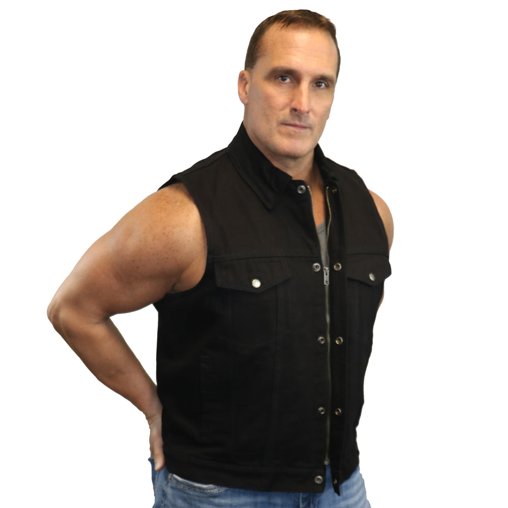 RM979BK Snap/Zipper Front Denim Vest- Black