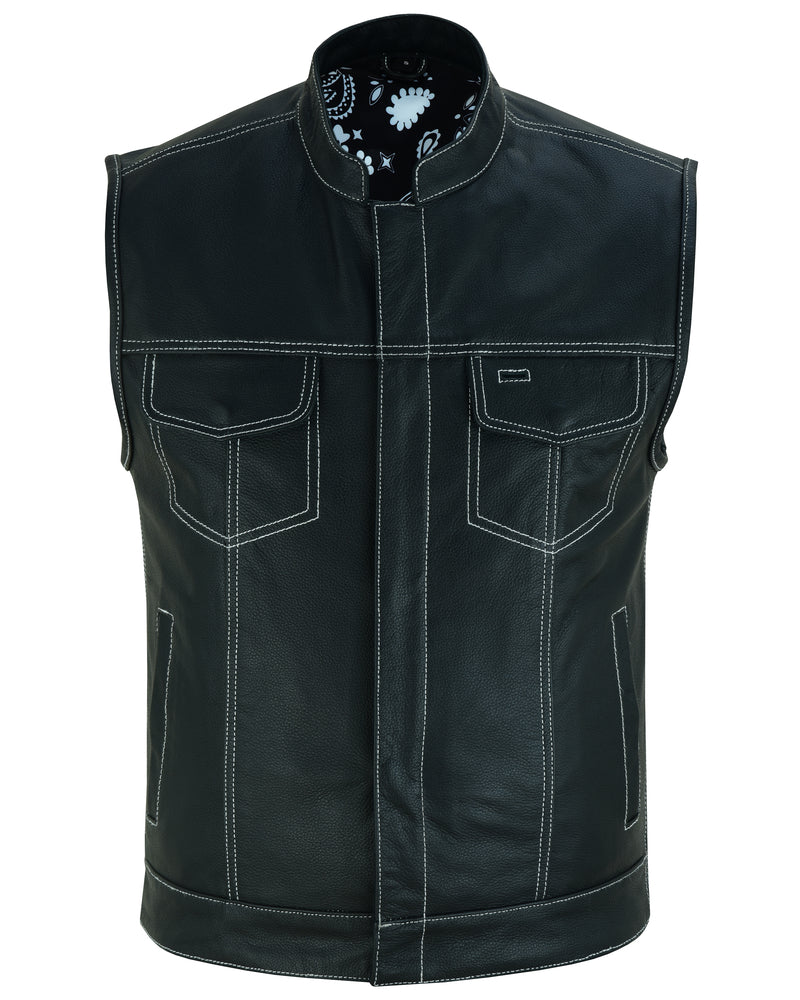RC164 Men's Paisley Black Leather Motorcycle Vest with White Stitching