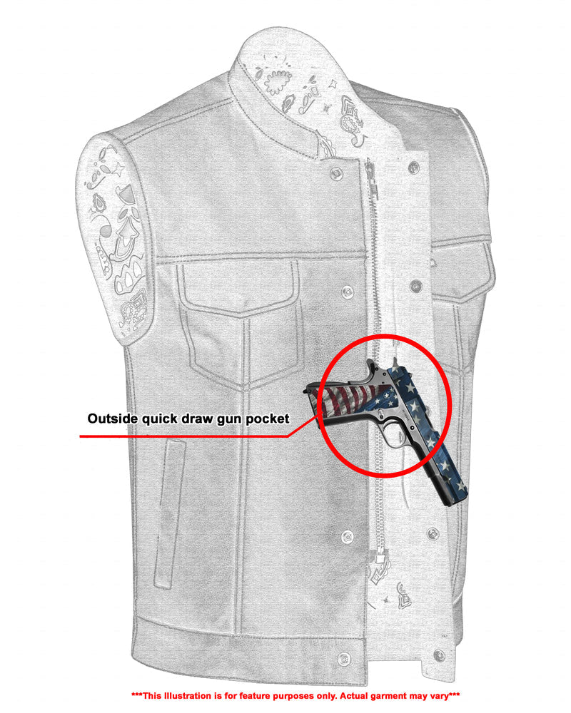RC164 Men's Paisley Black Leather Motorcycle Vest with White Stitching