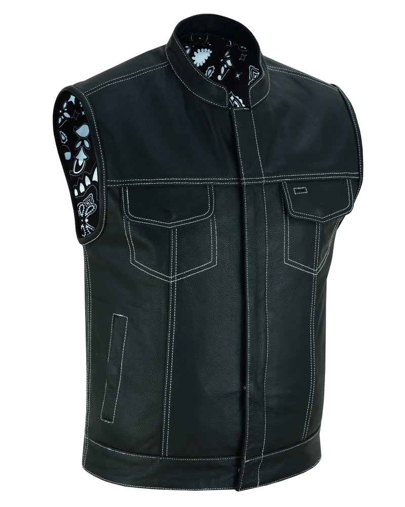 RC164 Men's Paisley Black Leather Motorcycle Vest with White Stitching