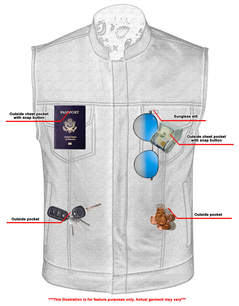 RC164 Men's Paisley Black Leather Motorcycle Vest with White Stitching