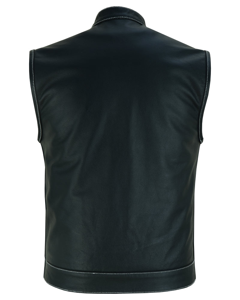 RC164 Men's Paisley Black Leather Motorcycle Vest with White Stitching