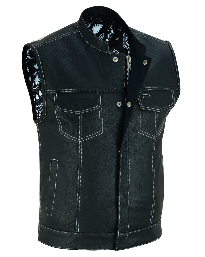 RC164 Men's Paisley Black Leather Motorcycle Vest with White Stitching