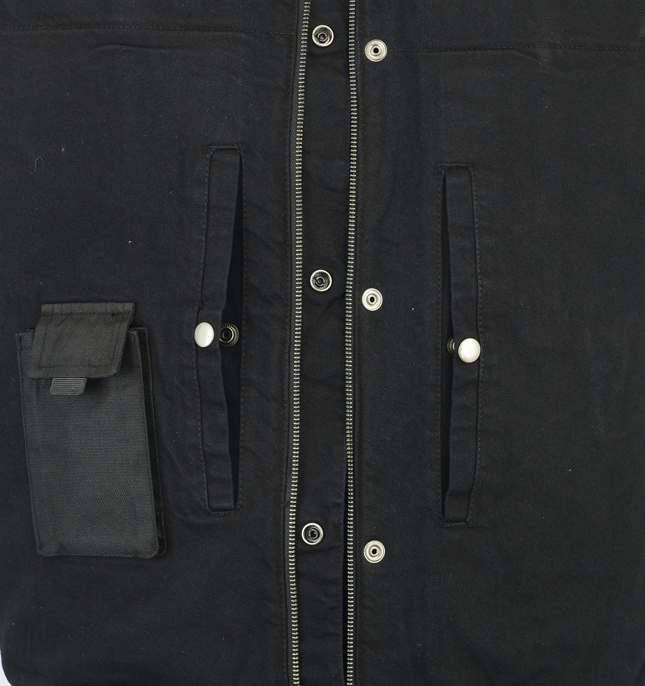RM962 Men's Rough Rub-Off Raw Finish Denim Vest W/Leather Trim - Scoop Collar