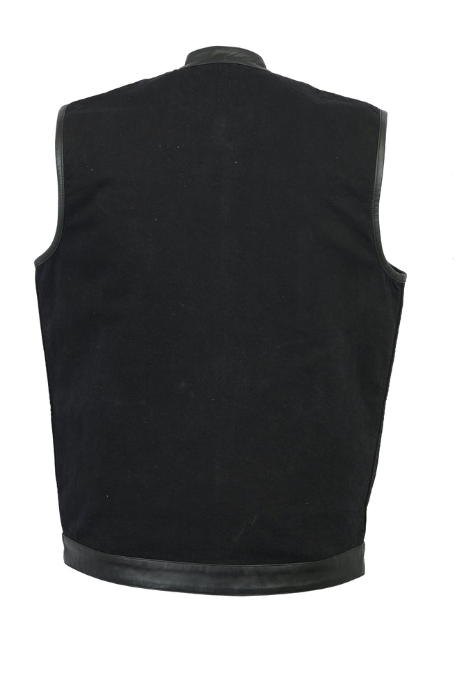 RM992 Men's Black Denim Single Panel Concealment Vest W/ Leather Trim