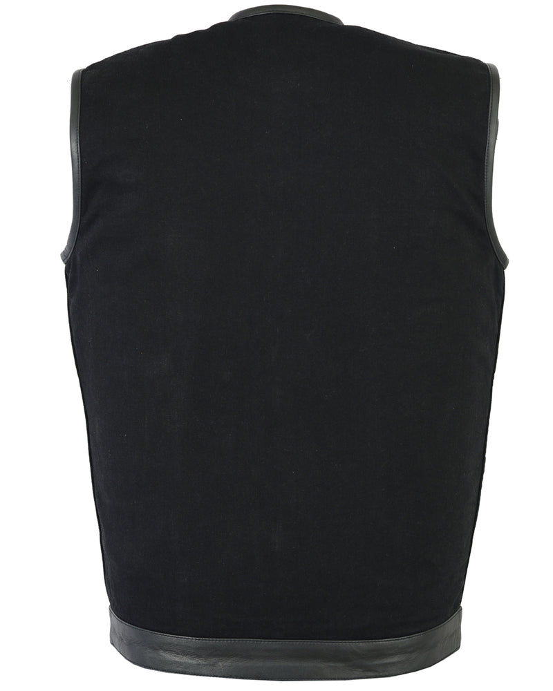 RM991 Men's Black Denim Single Panel Concealment Vest W/Leather Trim-
