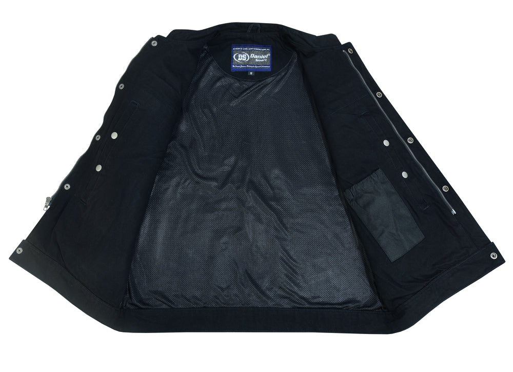 RM989BK Concealed Snap Closure, Denim Material, Scoop Collar & Hidden