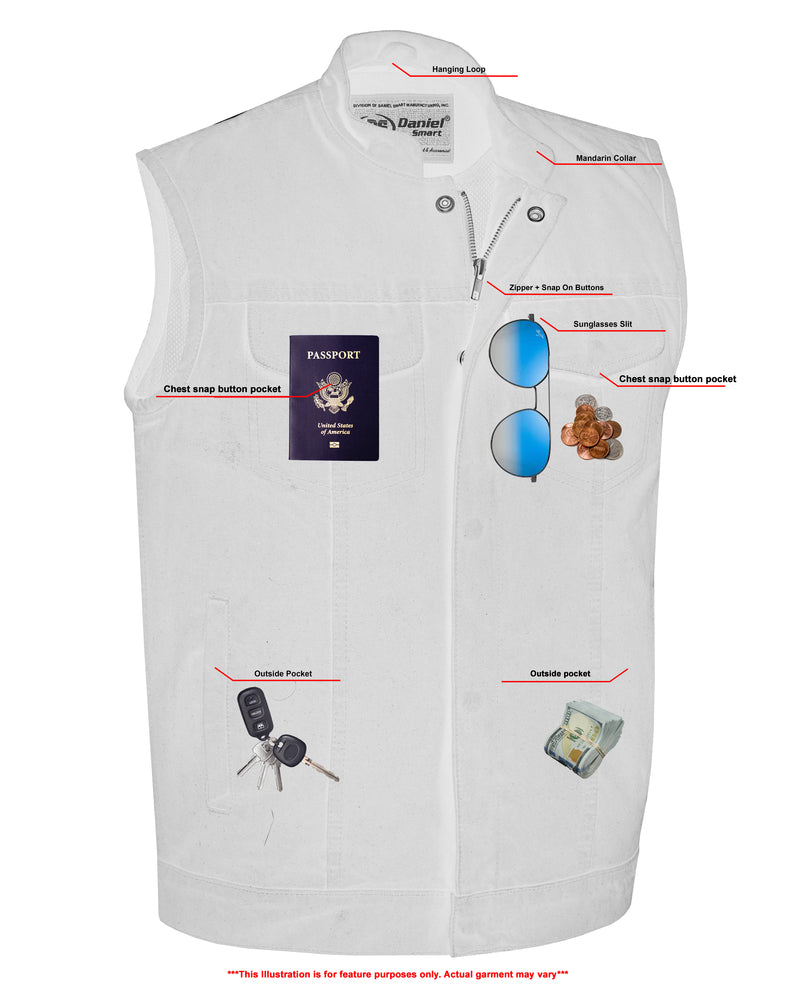 RM989BK Concealed Snap Closure, Denim Material, Scoop Collar & Hidden