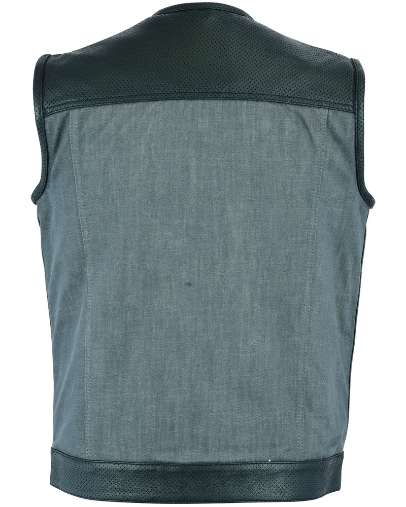 RM934 Men's Perforated Leather/Denim Combo Vest (Black/ Ash Gray)