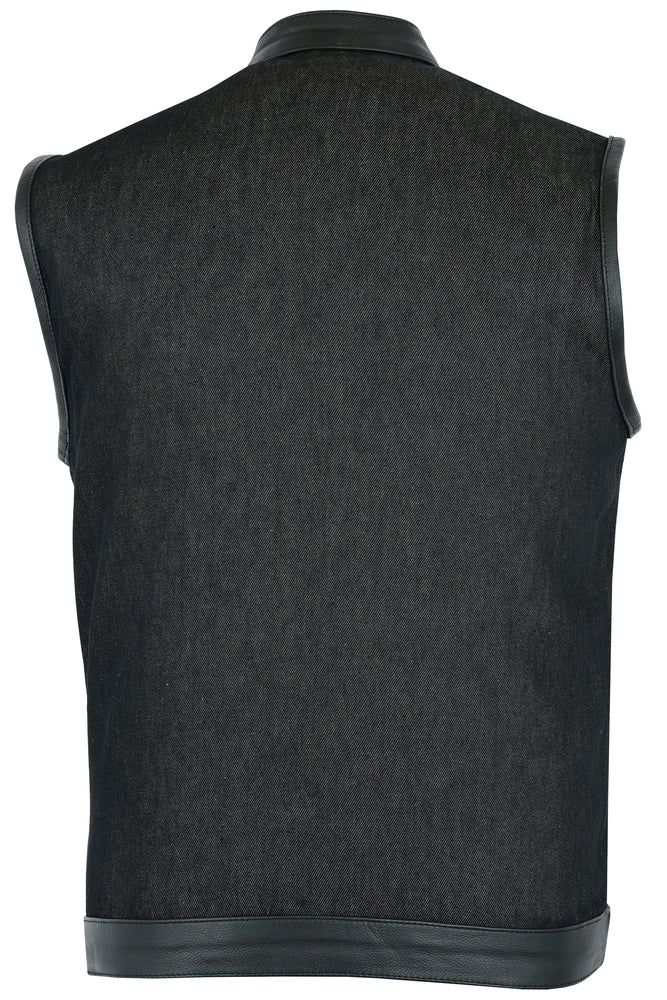 RM962 Men's Rough Rub-Off Raw Finish Denim Vest W/Leather Trim - Scoop Collar