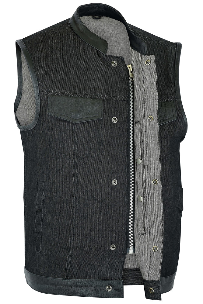 RM962 Men's Rough Rub-Off Raw Finish Denim Vest W/Leather Trim - Scoop Collar