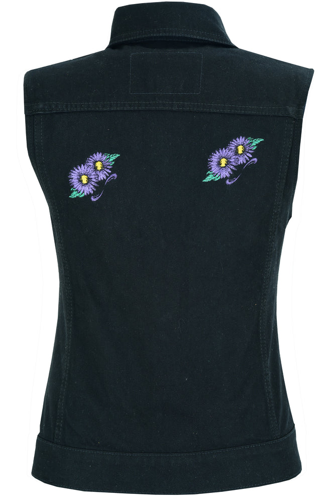 RM945 Women's Black Denim Snap Front Vest with Purple Daisy