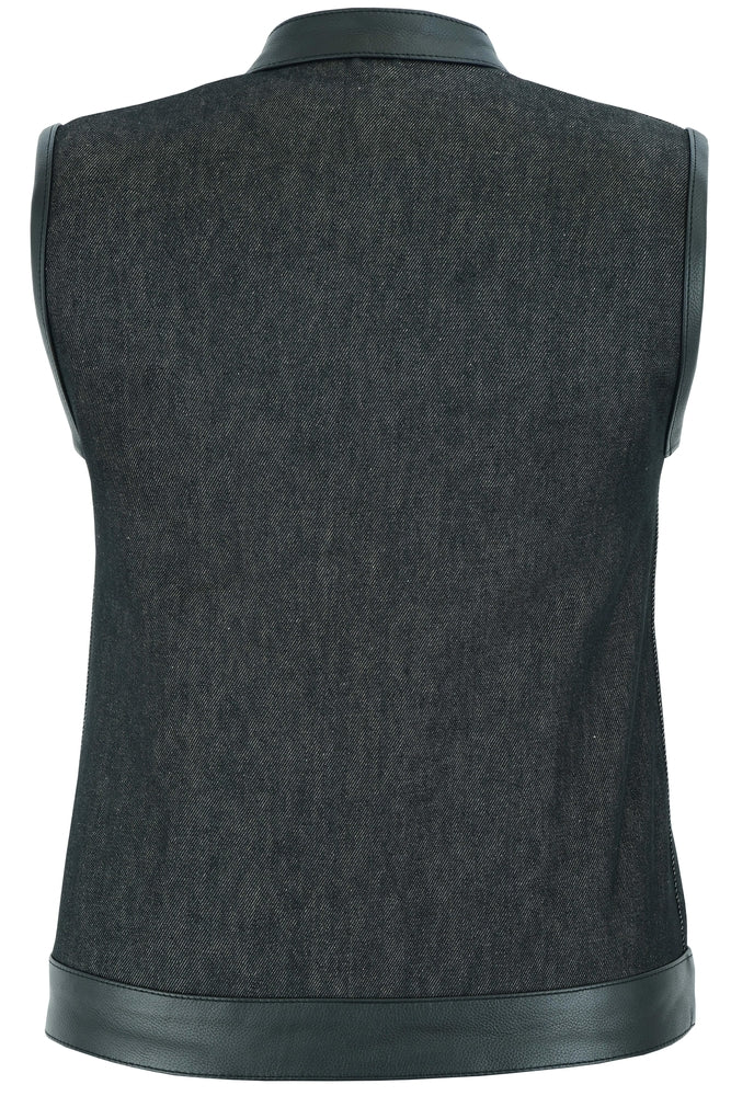 RM963 Women's Rough Rub-Off Raw Finish Denim Vest W/Leather Trim