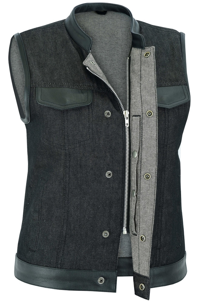 RM963 Women's Rough Rub-Off Raw Finish Denim Vest W/Leather Trim