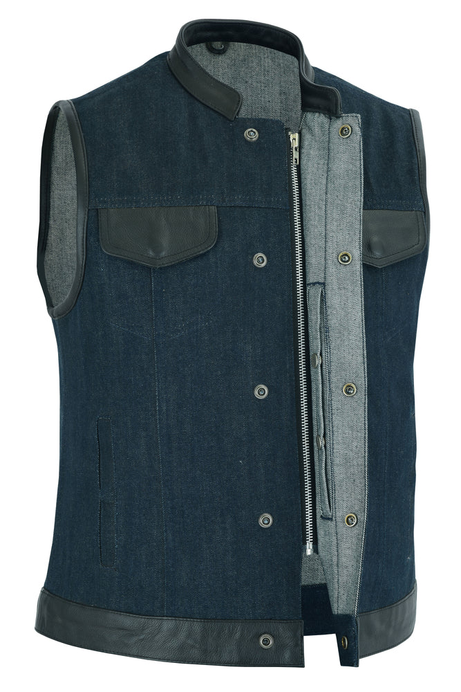 RM964 Women's Broken Blue Rough Rub-Off Raw Finish Denim Vest W/Leather Trim