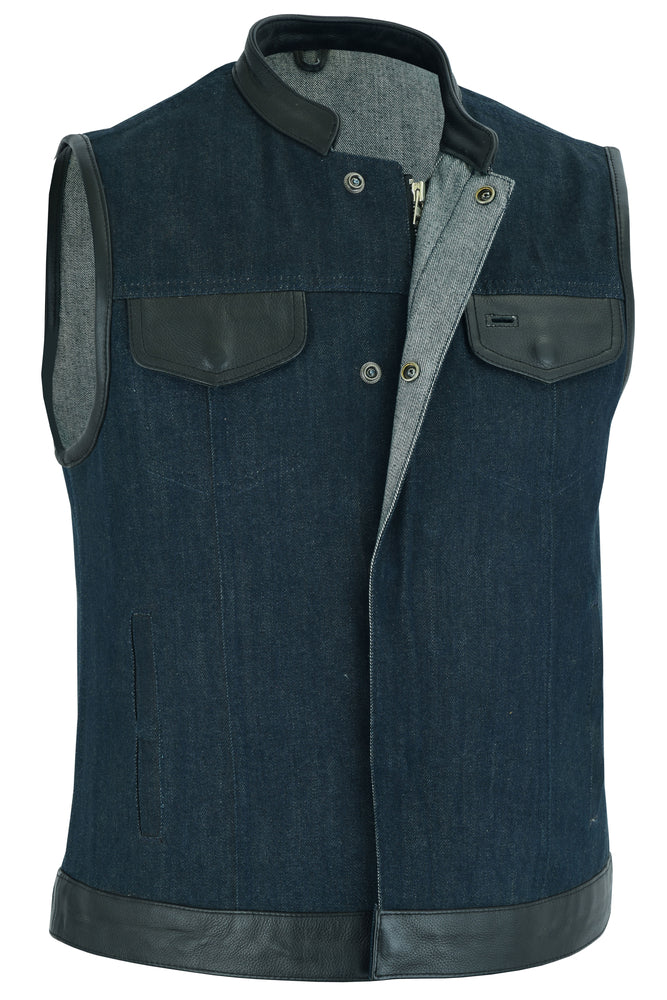 RM964 Women's Broken Blue Rough Rub-Off Raw Finish Denim Vest W/Leather Trim