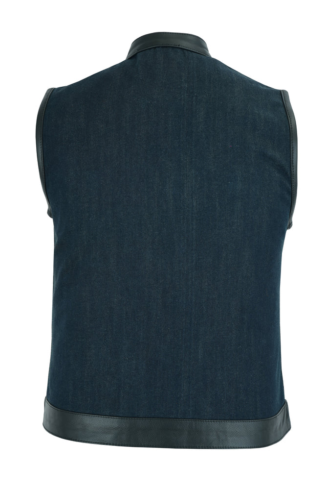 RM964 Women's Broken Blue Rough Rub-Off Raw Finish Denim Vest W/Leather Trim