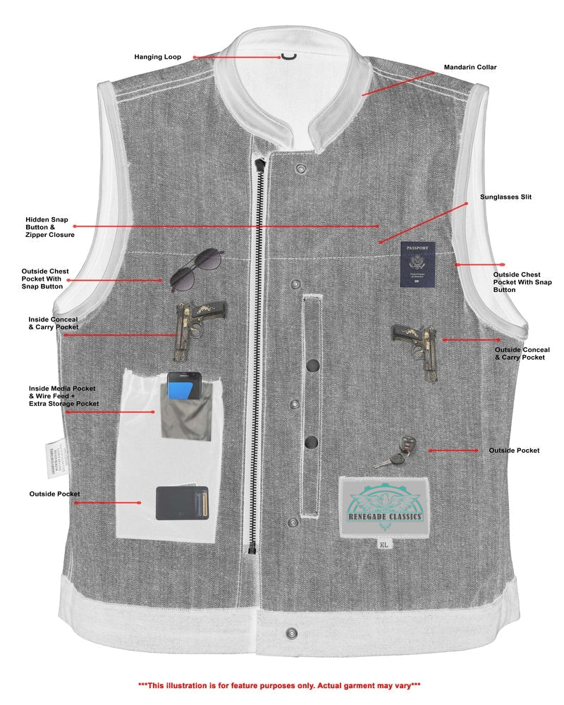 RM964 Women's Broken Blue Rough Rub-Off Raw Finish Denim Vest W/Leather Trim