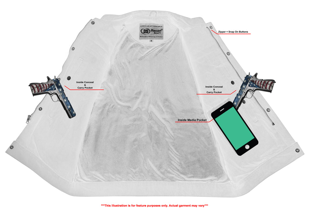 RM989BK Concealed Snap Closure, Denim Material, Scoop Collar & Hidden