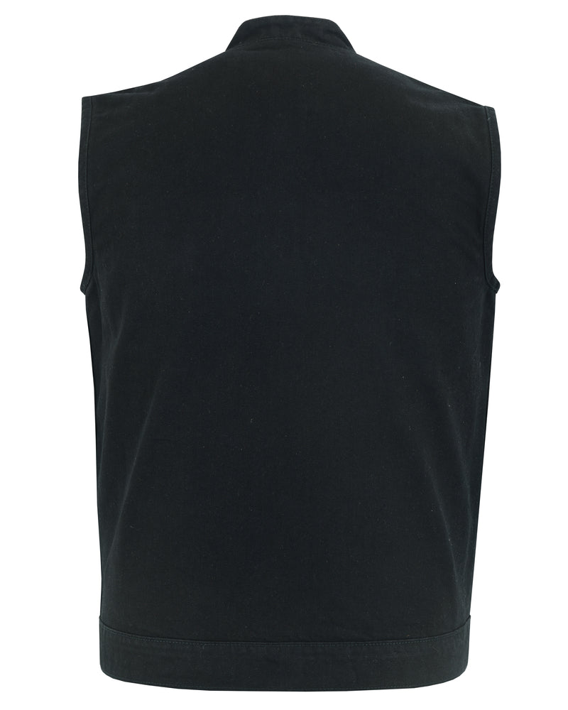 RM989BK Concealed Snap Closure, Denim Material, Scoop Collar & Hidden