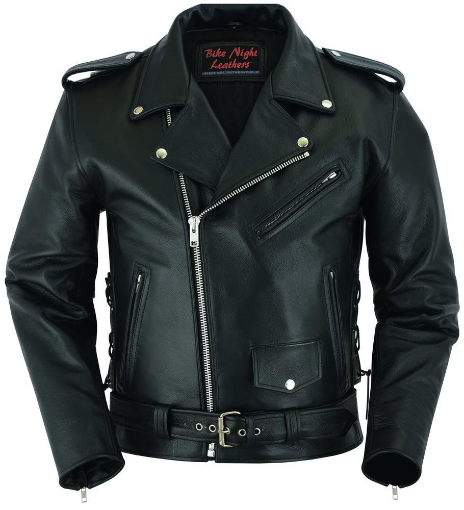 RC711 Economy Motorcycle Classic Biker Leather Jacket - Side Laces