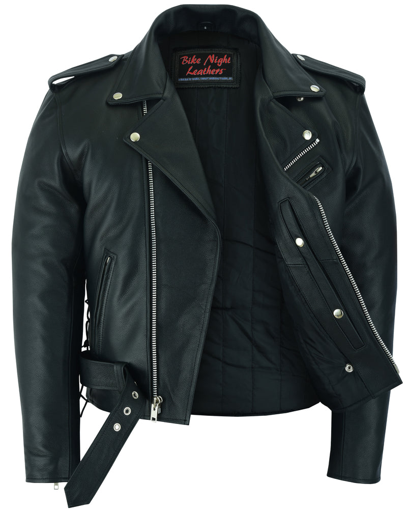 RC711 Economy Motorcycle Classic Biker Leather Jacket - Side Laces