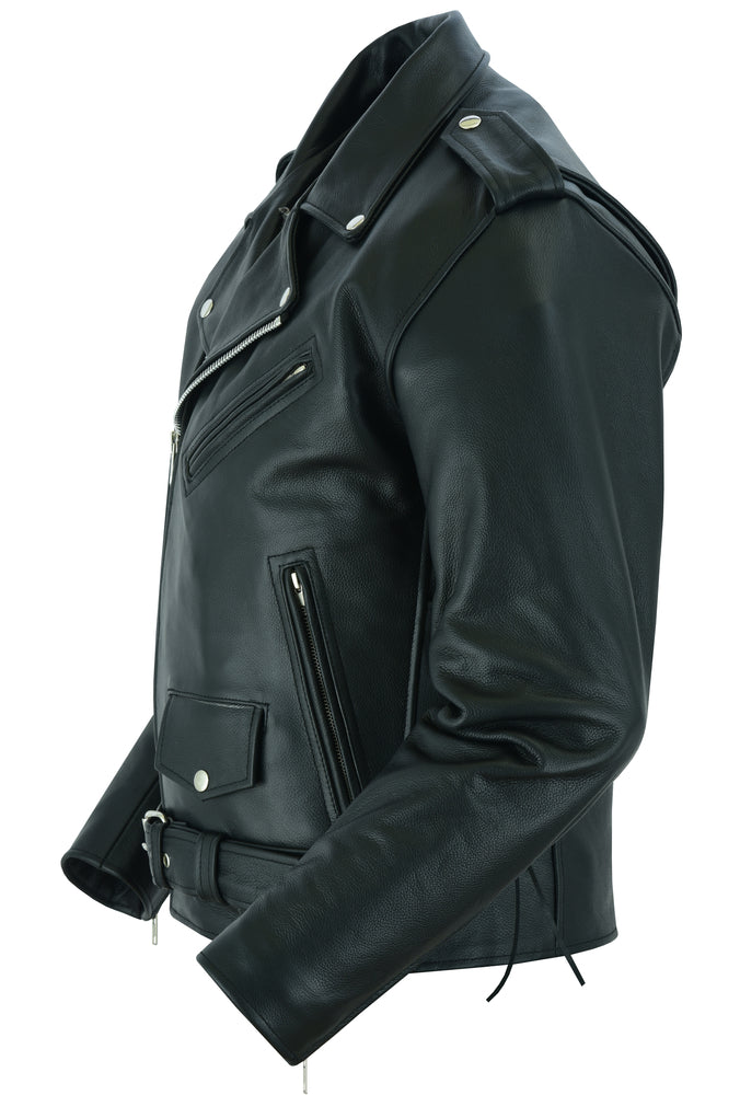 RC711 Economy Motorcycle Classic Biker Leather Jacket - Side Laces