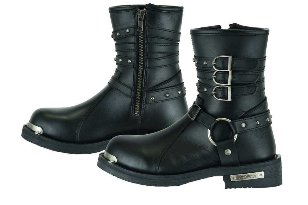 RC9767 Women's 9 Inch Black Triple Buckle Leather Harness Boot